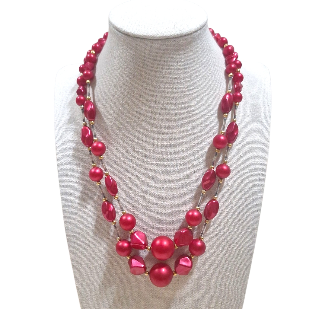 Vintage Hong Kong Red Pink Moonglow Beaded Double Strand Necklace 17-21.5